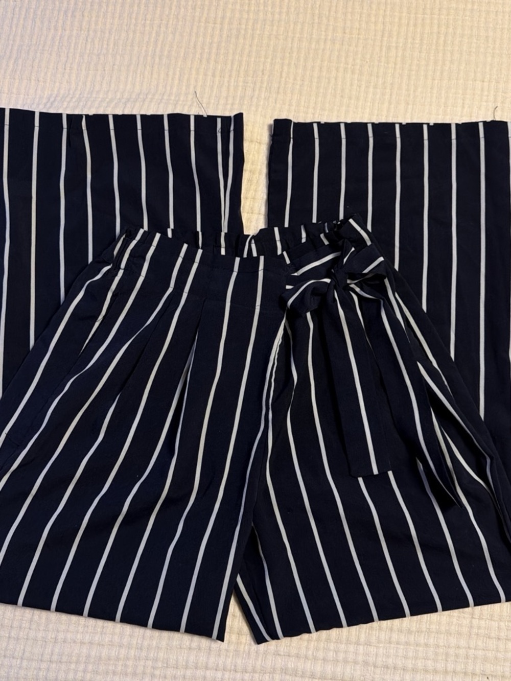 Navy & White Vertical-Stripe Wide-Leg Pants with Tie Waist